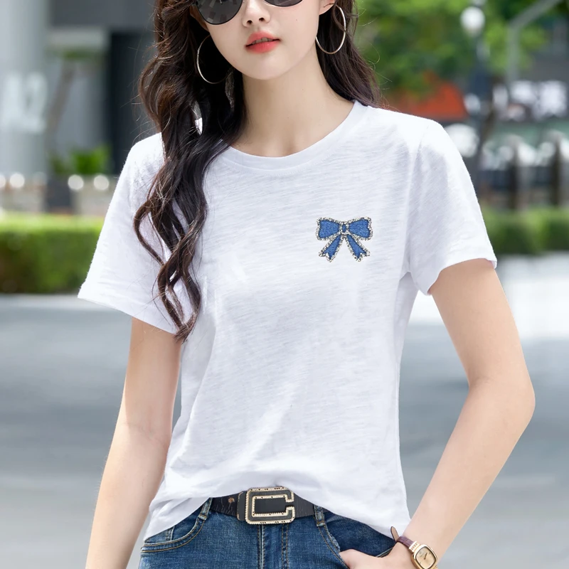 AOSSVIAO جديد جودة عالية القوس تي شيرت مطبوع القطن الخالص قصيرة الأكمام طاقم الرقبة القمم لينة مريحة أنيقة المرأة تي شيرت #3