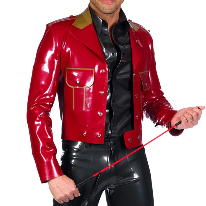 Pearl Red And Golden Sexy Latex Coat With Buttons Rubber Jackets Crop Top Two Pockets YF-0419