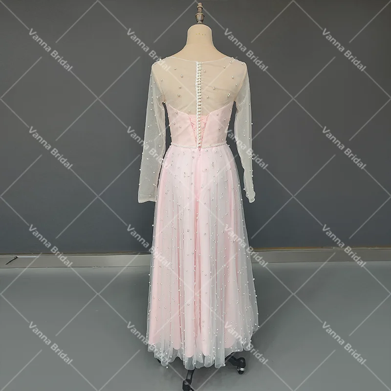 Tea Length Pearls Scoop Neck Wedding Dress Custom Made Illusion Tulle Back Long Sheer Sleeves Pink Ball Gowns Vestido De Noiva