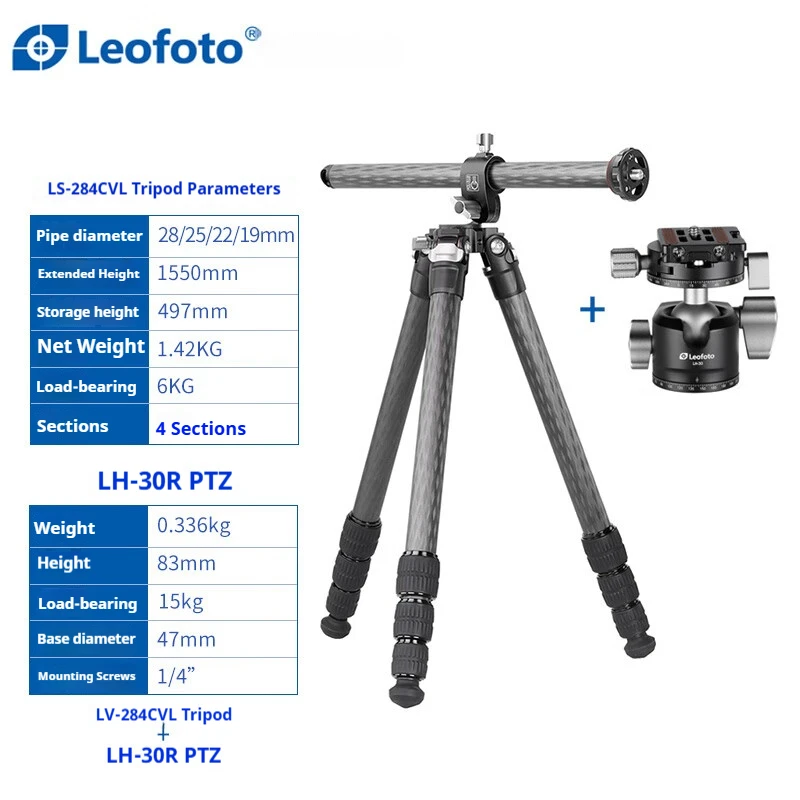 

Leofoto Genuine LS-284CVL Center Column Horizontal Carbon Fiber Tripod + Panoramic Ball Head for Mirrorless Camera Photography