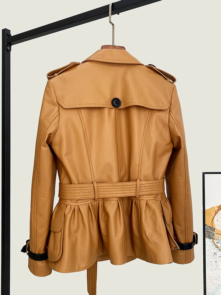 2025 Autunno Genuino Giacca di pelle di pecora in pelle Moda donna Cappotto in pelle doppio petto casual legato in vita Arancione Taglie forti