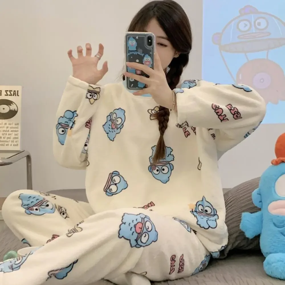 Kawaii Anime Hello Kitty Plush Pajama Set Cartoon Cinnamoroll Coral Velvet Women Sleepwear Warm Winter Girls Flannel Homewear