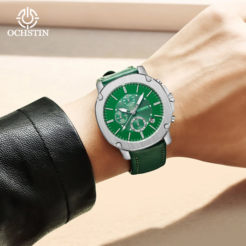OCHSTIN Mens Watch High Quality Leather Quartz Watch Waterproof Multifunction Chronograph Casual Business Wirstwatch for Men