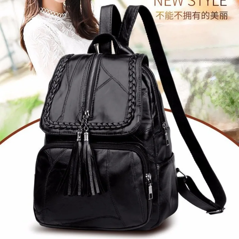 

Backpack for Women 2025 New Soft Leather Tassel Pendant Mommy Large Capacity Student Schoolbag Outdoor Travel Bag