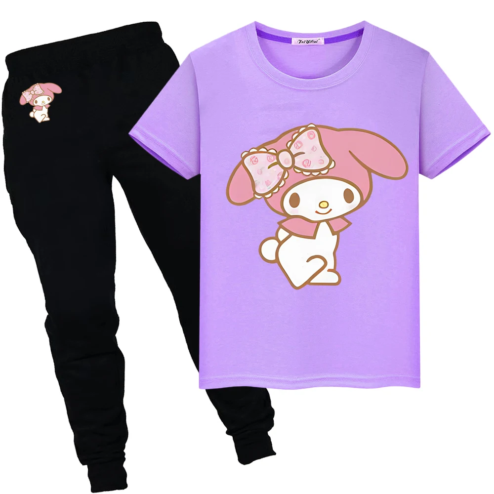 Sanrio boy girls clothes Sports Sets Short+pant Kawaii Anime Tshirts Melody Print 100%Cotton Cute T-shirt kids boutique clothes