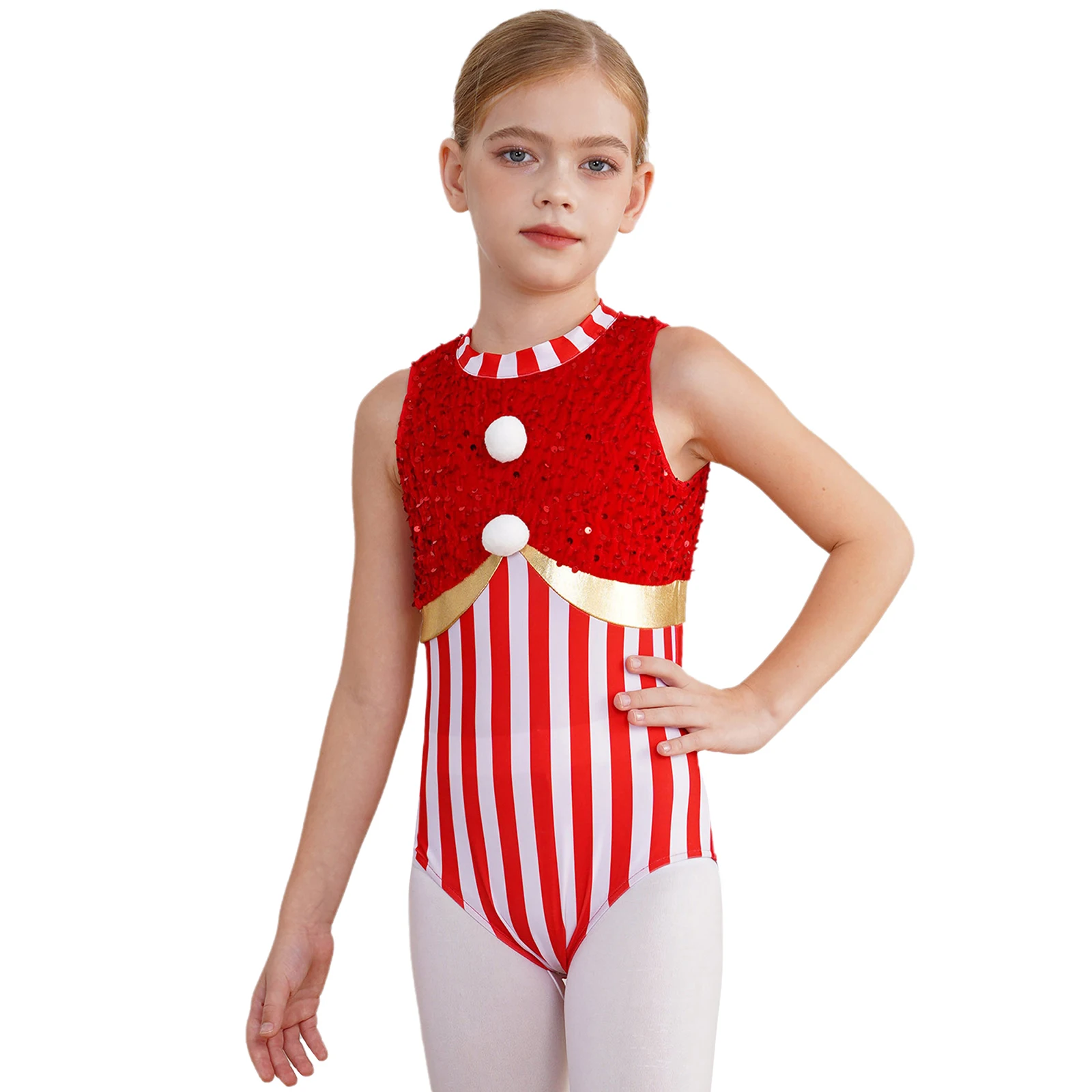 

Girls Christmas Candy Cane Bodysuit Sequins Stripes Sleeveless One Piece Leotard Figure Skating Jumpsuit Christmas Party Costume
