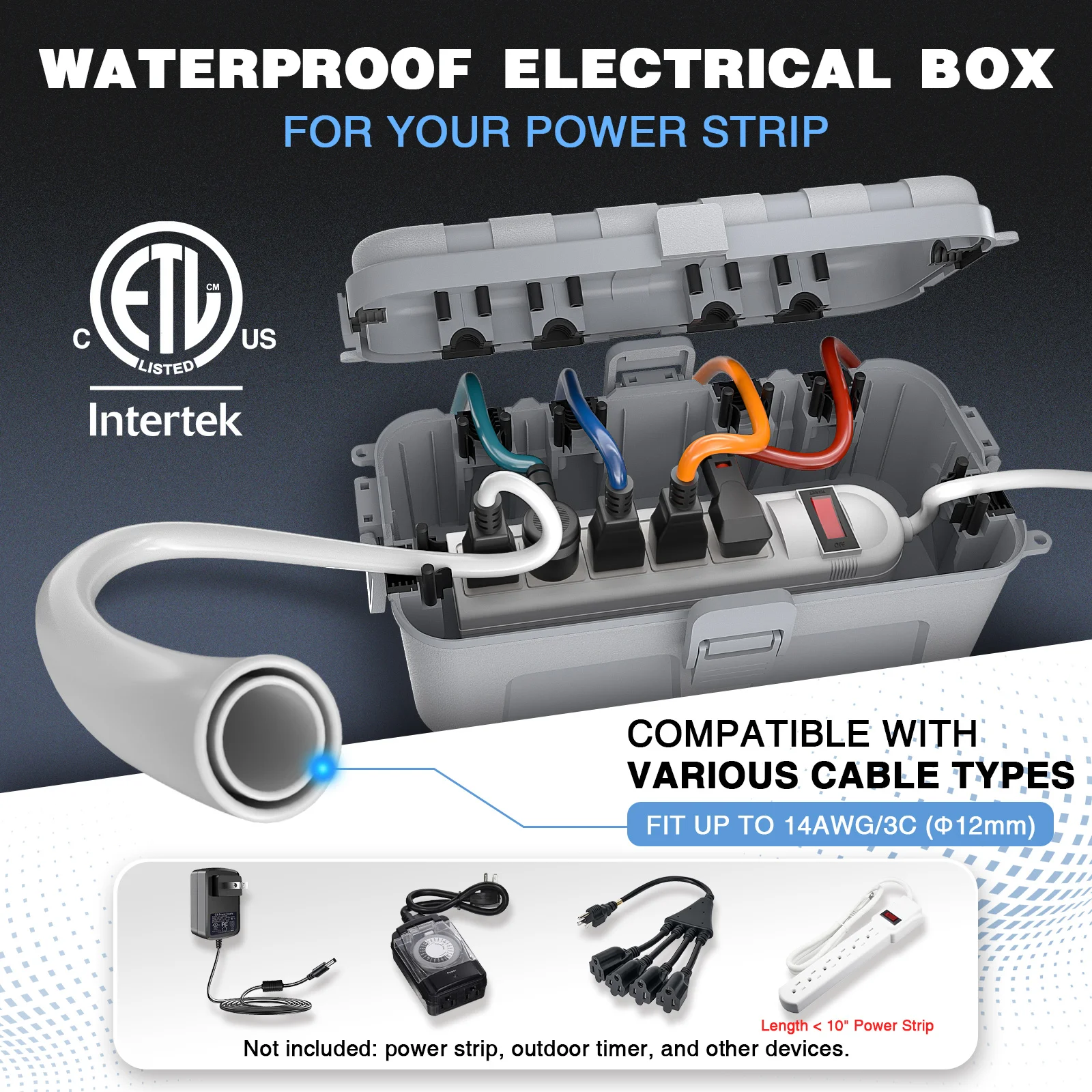 Waterproof Outdoor Electrical Box with 6Cable Entry Ports-Extension Cord Cover Weatherproof Connection Enclosure for Power Strip