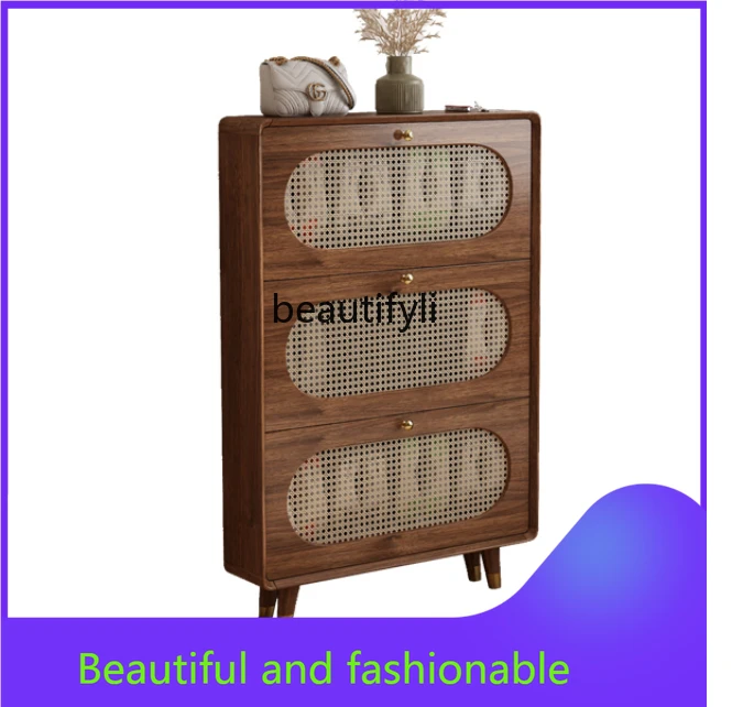 

Tilting Shoe Cabinet Ultra-Thin Home Doorway Vintage Rattan Entrance Cabinet Antique Style New Narrow Cabinet furniture