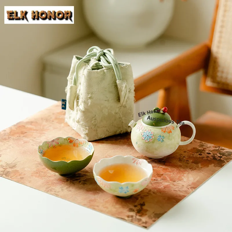 Hand-painted Colorful Flower Travel Tea Set Kit Handmade 1 Pot 2 Cups Tea Maker Organizer Portable Outdoor Stock Bags Collection view 6