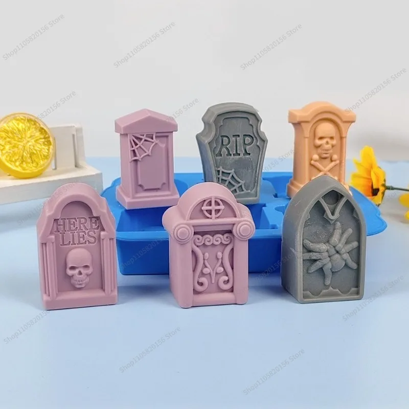 For Creative Tombstone Mold Set Skull Spider Web Relief Aromatherapy Candle Chocolate Cake Mold