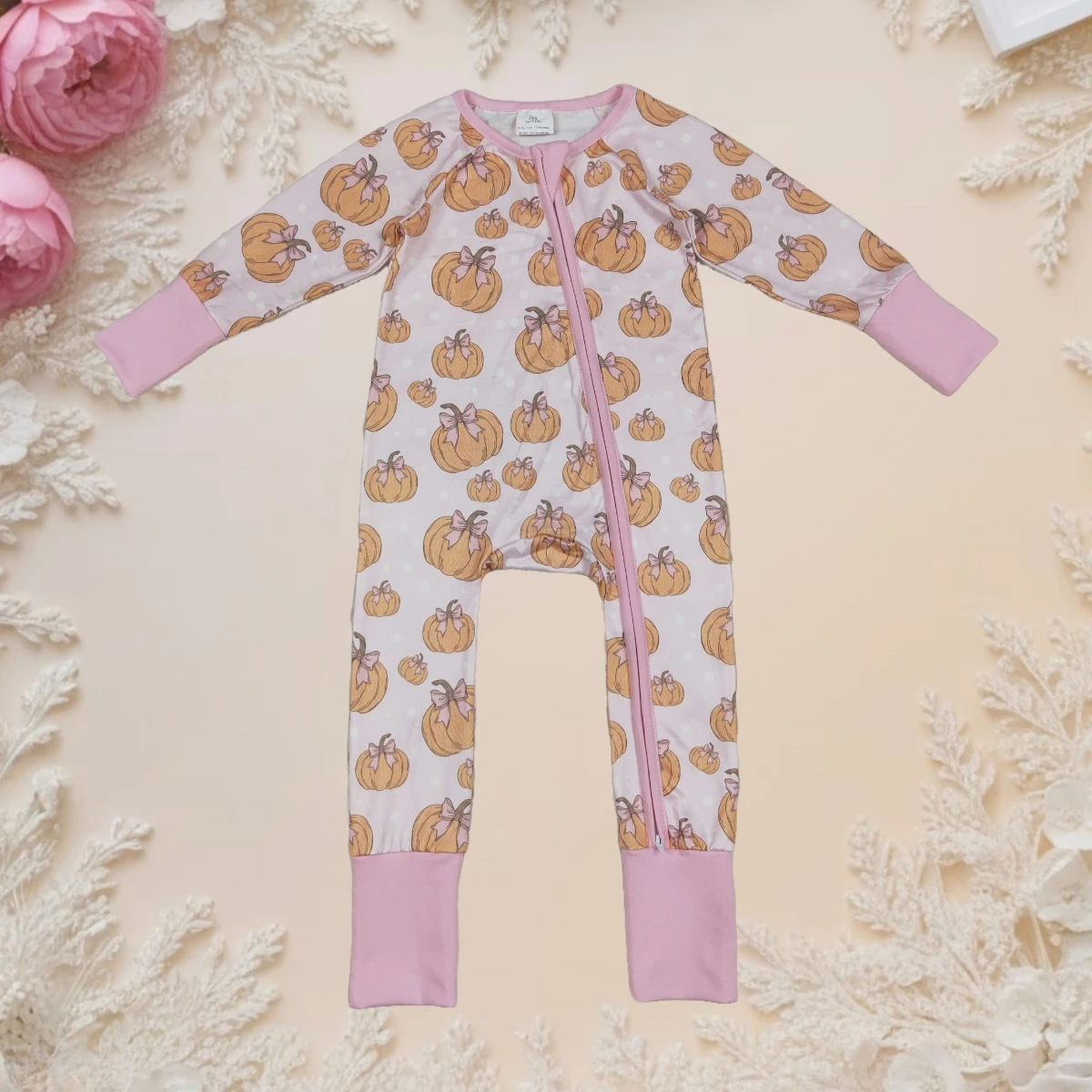 

Newborn Toddler Baby Romper Crewneck Long Sleeve Zipper Footie Sleepers Cute Cozy Bows Pumpkins Print Infant Casual Girl Clothes