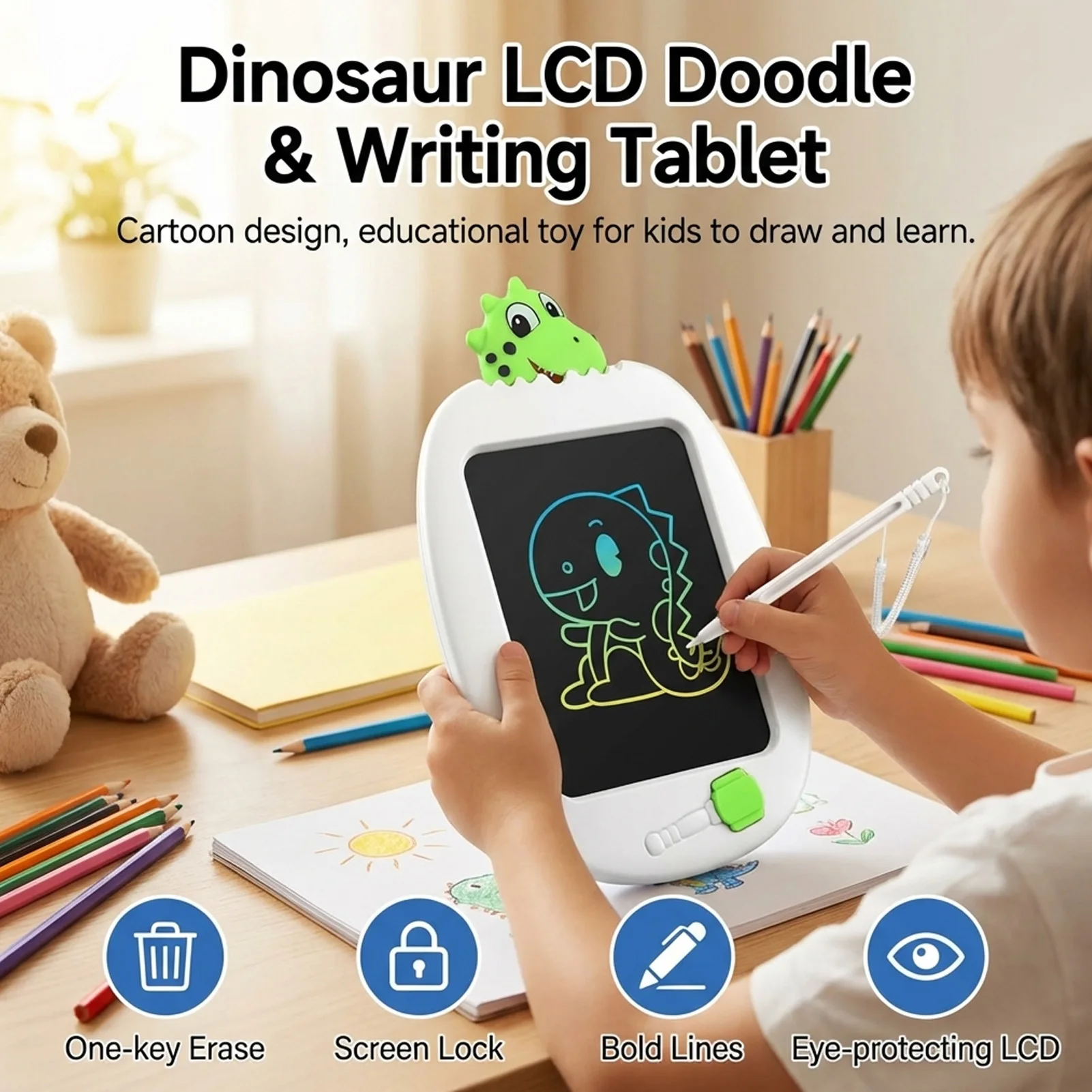 Kids LCD Writing Tablet Cartoon Pattern Doodle-Board One Touch Erase Educational Toy for Drawing and Writing