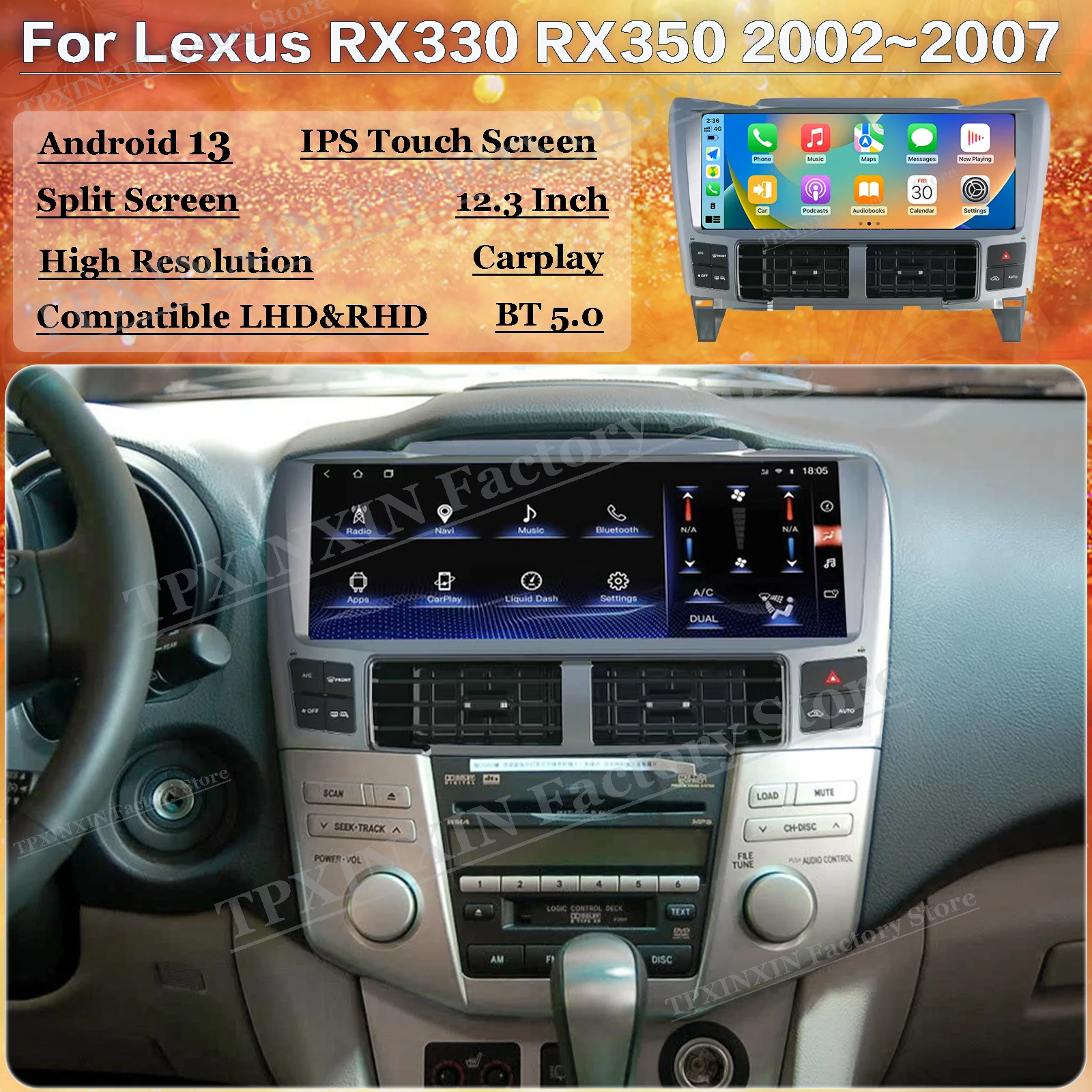 

12,3-дюймовый мультимедийный GPS-навигатор Android Auto для Lexus RX330 RX350 2002-2007, автомобильное радио, стерео-ресивер, Carplay, IPS-экран