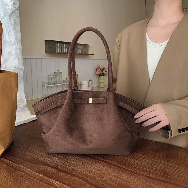 2025 Bolso de mano de gamuza para mujer con bolsillo interior, bolso para las axilas, bolso de gran capacidad de Color sólido, bolsos para el trabajo, bolsos de viaje