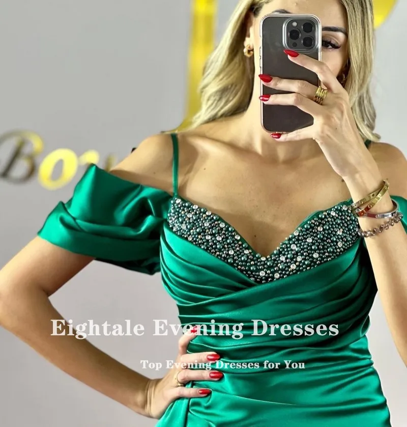 Eightale-Vestidos de Noche de satén con cuentas, vestido de fiesta Formal árabe con corte sirena y tirantes finos para boda, color verde esmeralda