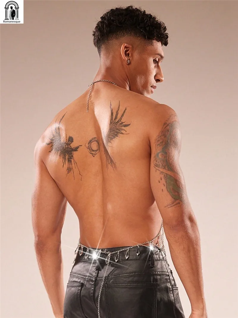 Rave Party See Through Body Harness Vest Men's Metal Chain Gemstone Vest With Diamond Plaid Crystal Pendant Sexy Backless Top