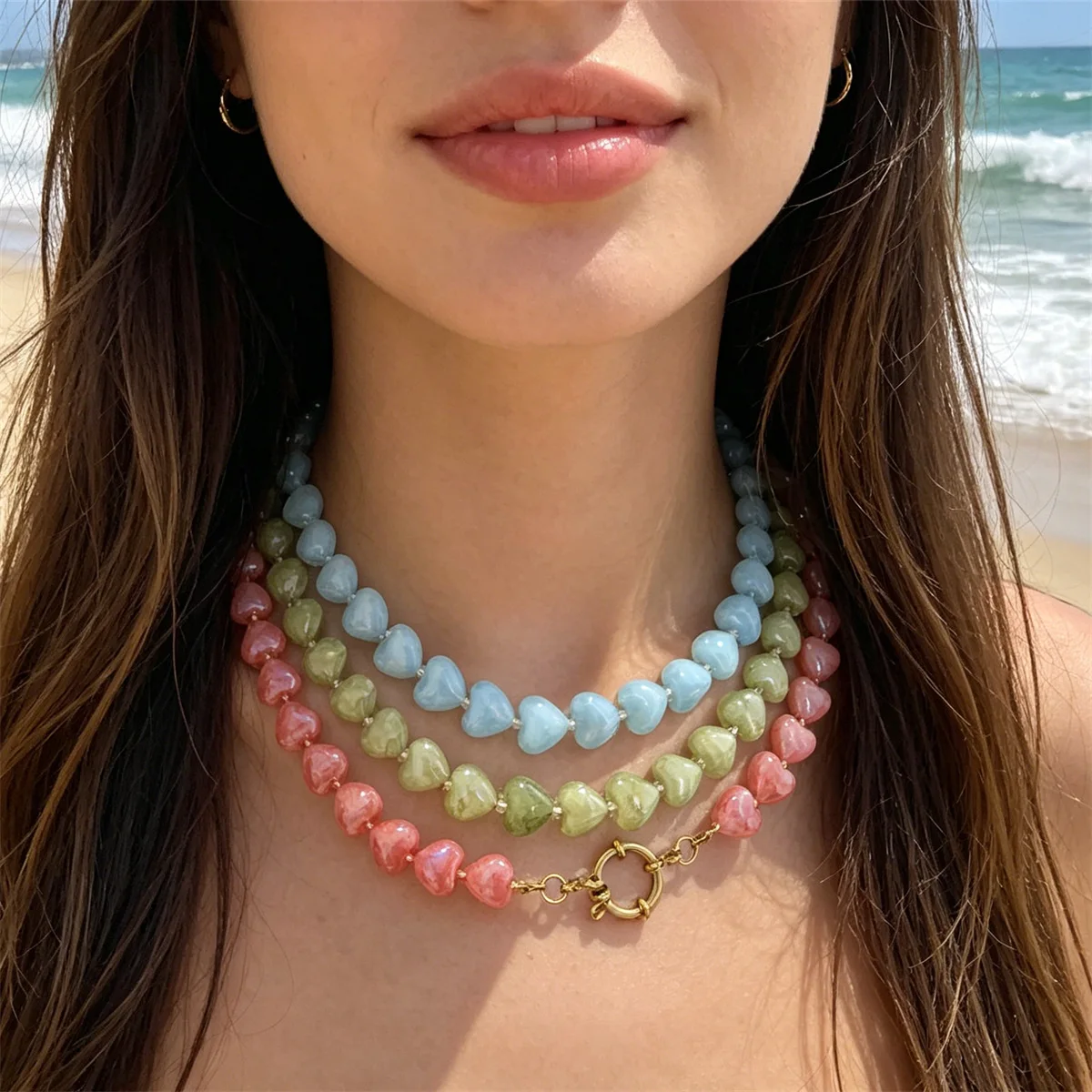 Dopamine Pastel Heart Beaded Double Layer Necklace, Sweet Multicolor Imitation Jade Choker, Summer Beach Adjustable Stackable Wo