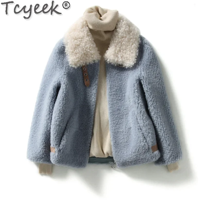 Tcyeek 100% casaco de lã roupas femininas grão ovelha shearling casacos gola de lã de cordeiro inverno jaqueta de pele feminina novo em outerwear 2024