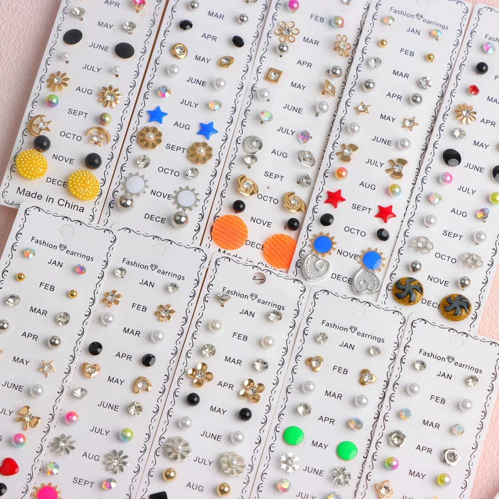 5/10Sets Fashion Month Rhinestone Stud Earrings Sets For Women Geometric Flower Card Pack Mix Jewelry Daily Vacation Gifts