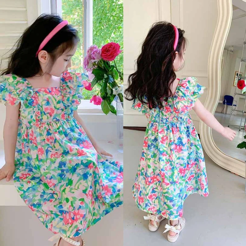 

Girls Floral Print Dress 2025 new Summer Fashion Petal Sleeve 2 -8 Years old Kids Clothing Green Red Children's Dresses