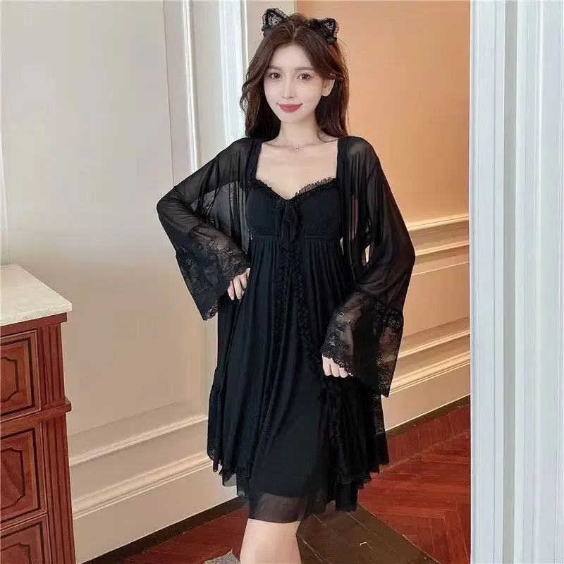 Sexy Nightgown Suits Women Nightgown Lingerie Two Piece Set Mini Skirt Long Sleeve Cardigan Ruffle Mesh See-through Evening Gown