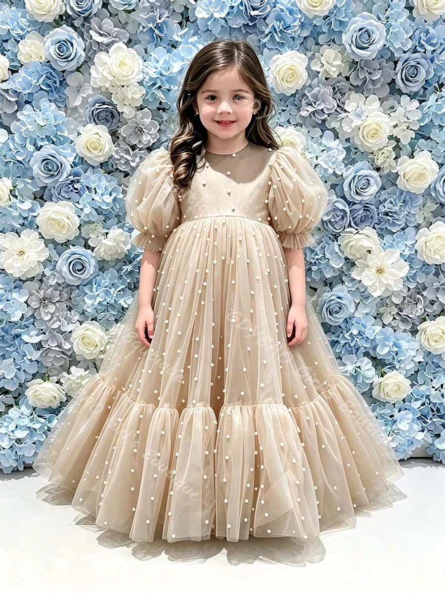 Elegant Girls Princess Dress Polka Dot  Puff Sleeves Flower Girl Dress for Wedding Party Ruffled Tulle Communion Frock Custom