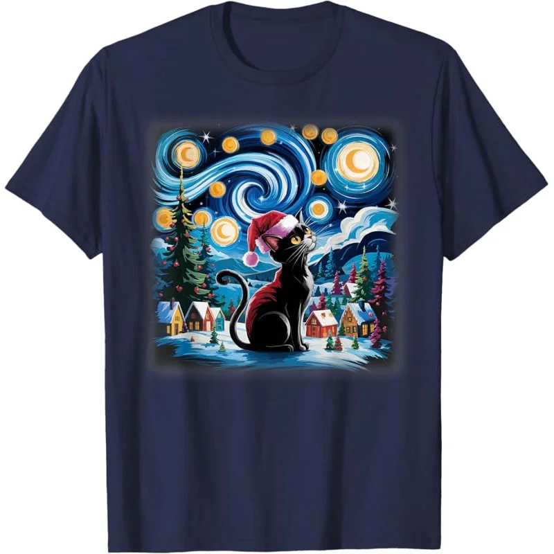 Christmas Van Gogh Starry Night Santa Black Cat Holiday T-Shirt