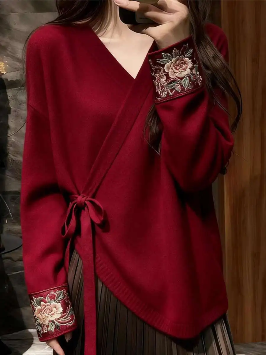 

Новый китайский свободный женский свитер из хлопка, осенний, модный, повседневный, с длинным рукавом, вязаный, в стиле кэжуал, для создания атмосферы.