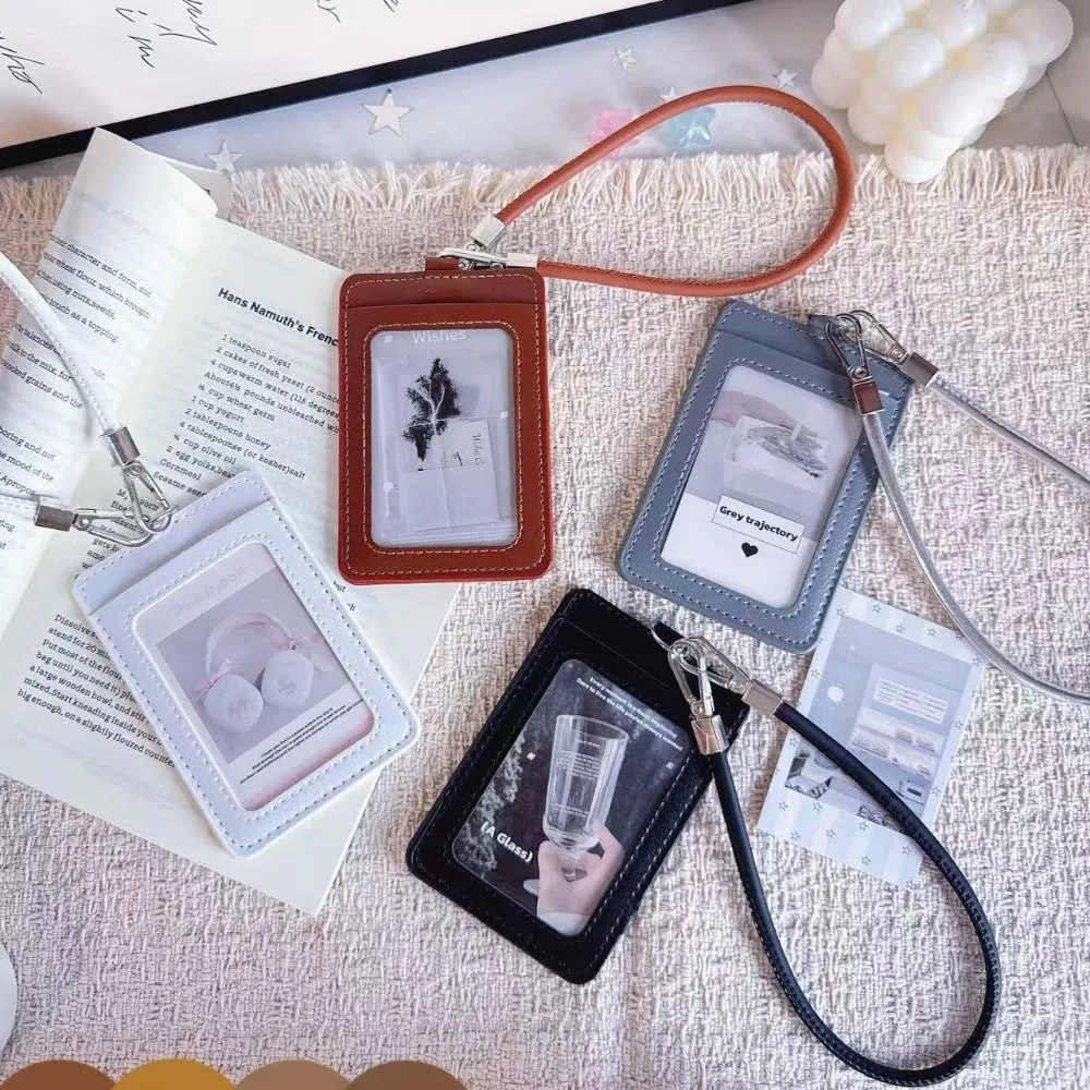 Portable PU Leather Card Holder Dual-Slot With Hand Wrist Strap Card Case Access Control Card Sleeve Meal Card