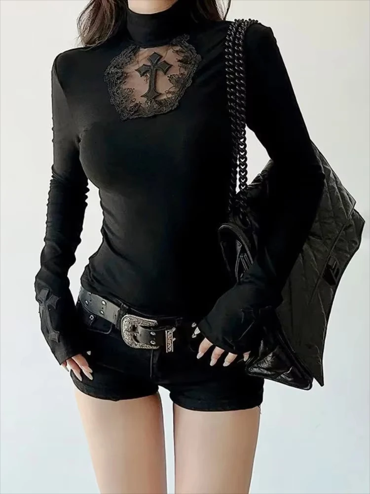 Turtleneck Top Y2k Clothes Black Gothic Cross Hollow Slimming Bottom TShirt Women Long Sleeve Sexy T-shirt Girls Tops Subculture