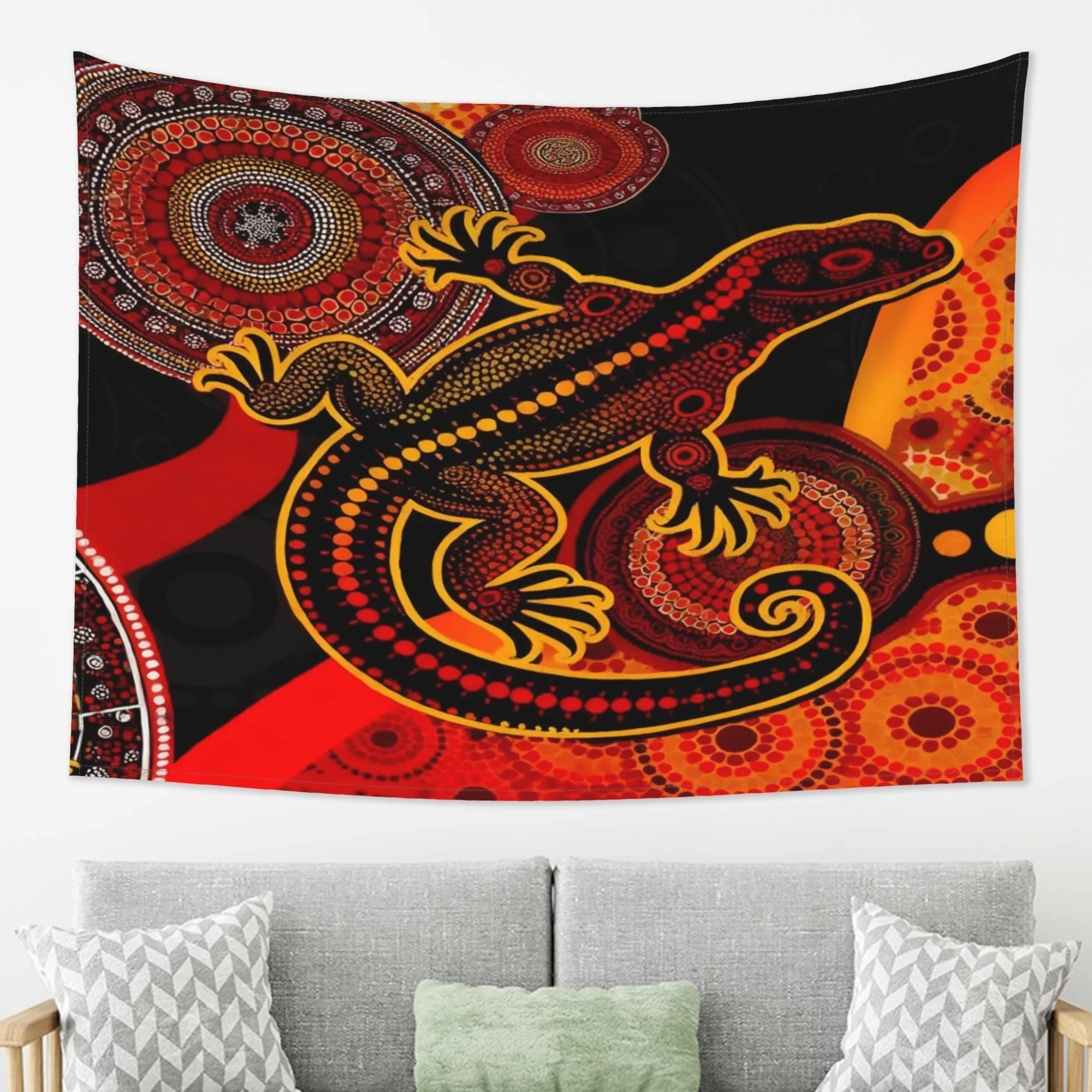 Aboriginal Style Lizard Tapestry Red & Black Gecko Wall Hanging, Boho Psychedelic Dorm Decor Ethnic Totem Animal Art for Bedroom