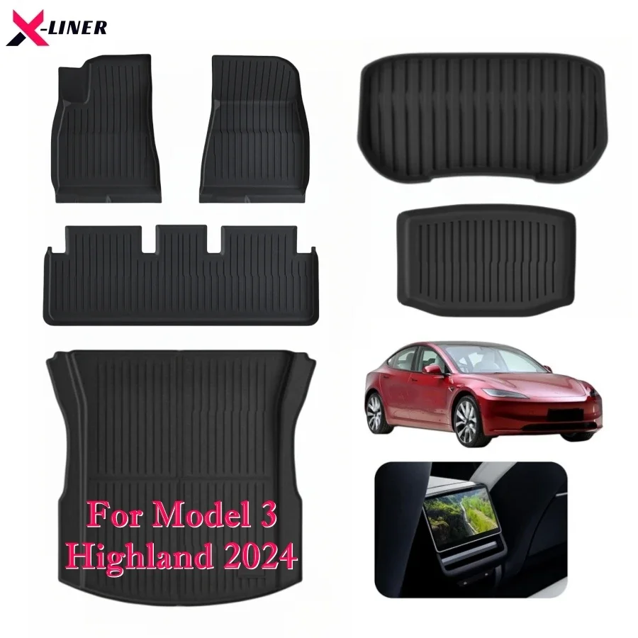 

For 2024 New Tesla Model 3 Highland TPE Floor Mats Custom Fit All Weather Frunk Trunk Cargo Mats Floor Lines Inner Protector