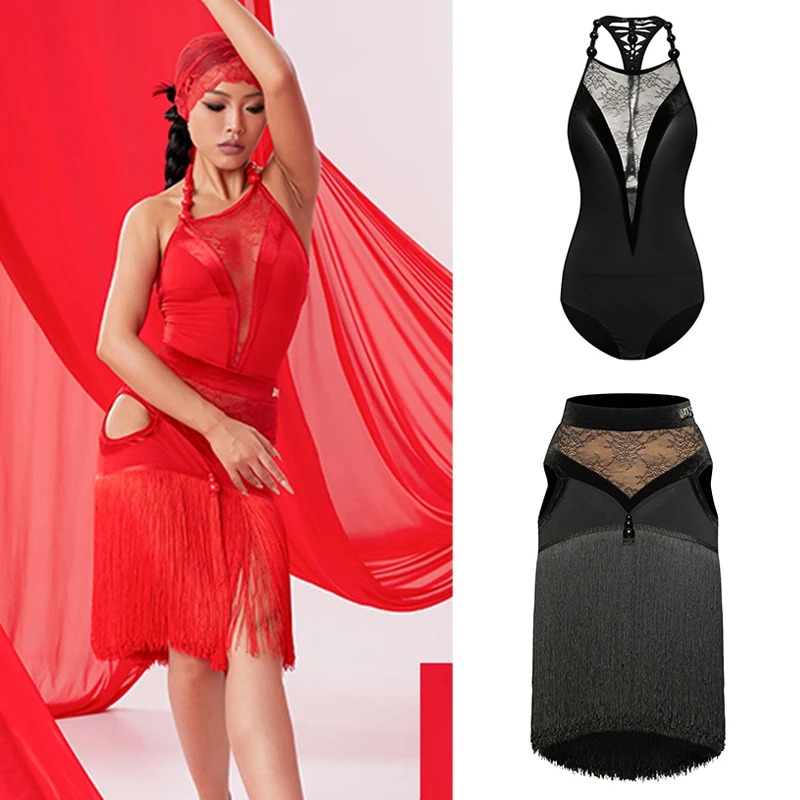 

DUYQ Sexy Halter Bodysuit Tassels Skirt Women'S Chacha Latin Dance Clothing Adults Ballroom Dance Competition Costumes SL13092