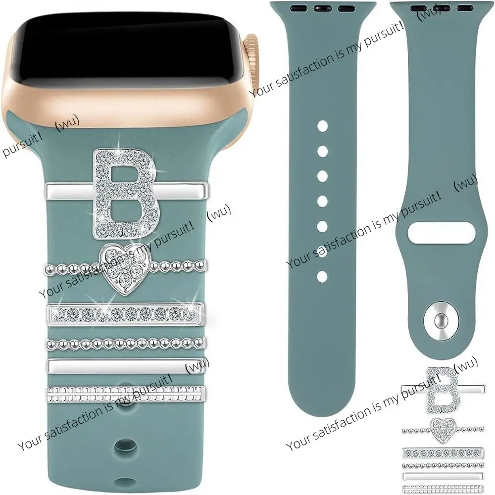 A-Z Letter Silver Watch Band Ornament Silicone Strap Decoration Ring Jewelry Accessory for Apple Watch Band Bracelet Charms