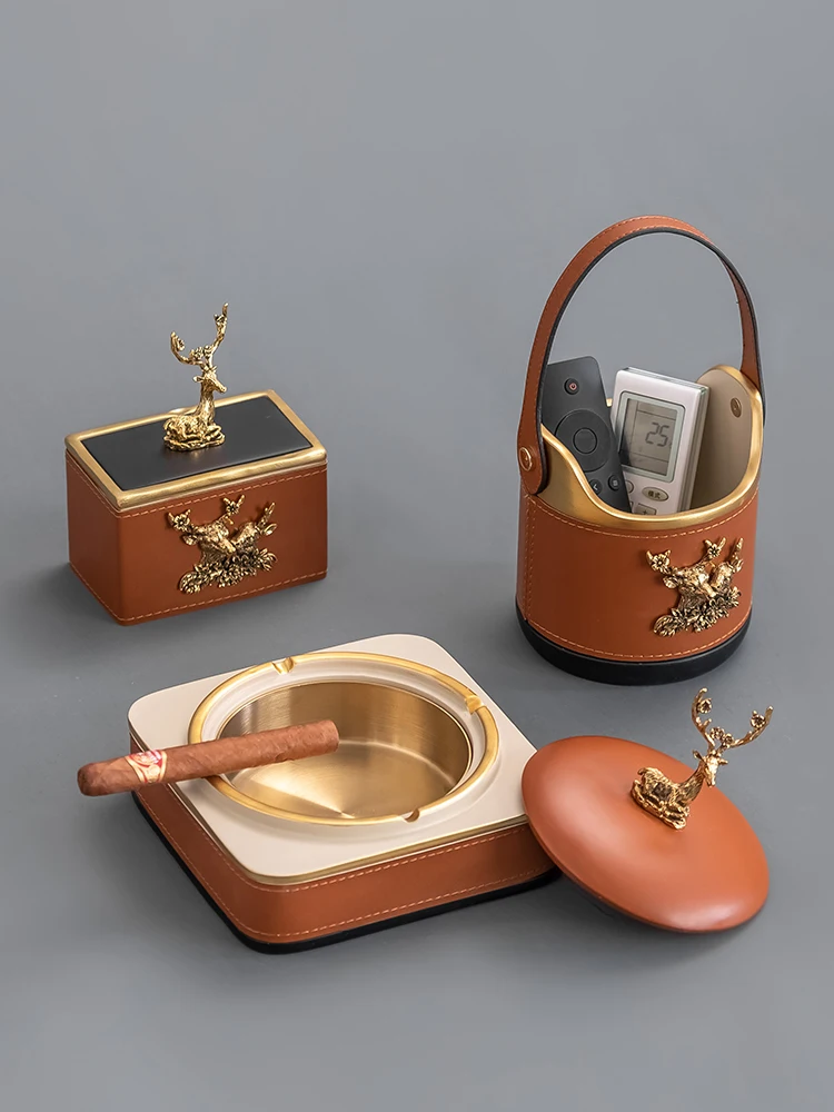 American Brown Leather Storage Basket Desktop Tissue Box Dressing Table Cosmetics Jewelry Storage Box Multifunctional Art Crafts