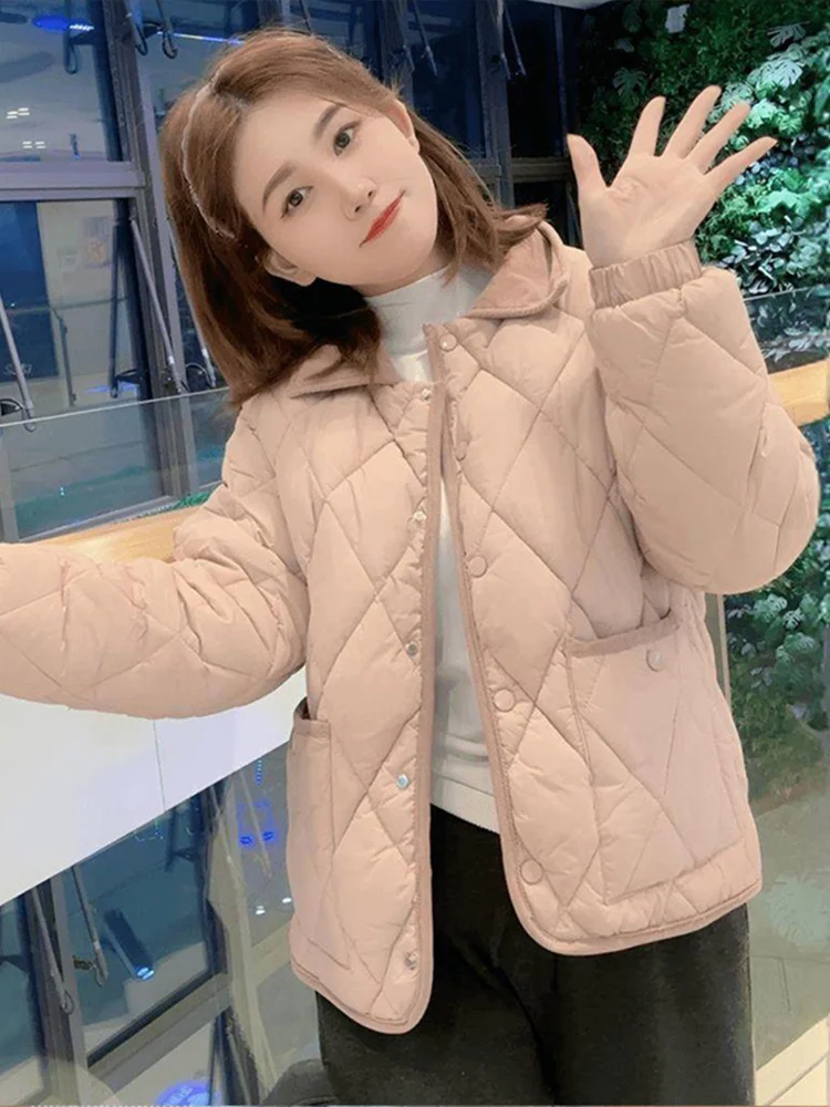 

Korean Sle Loose Women's Cotton Jaet Autumn Winter New Arrival Warmth Color Blo Diamond Pattern Casual Coat