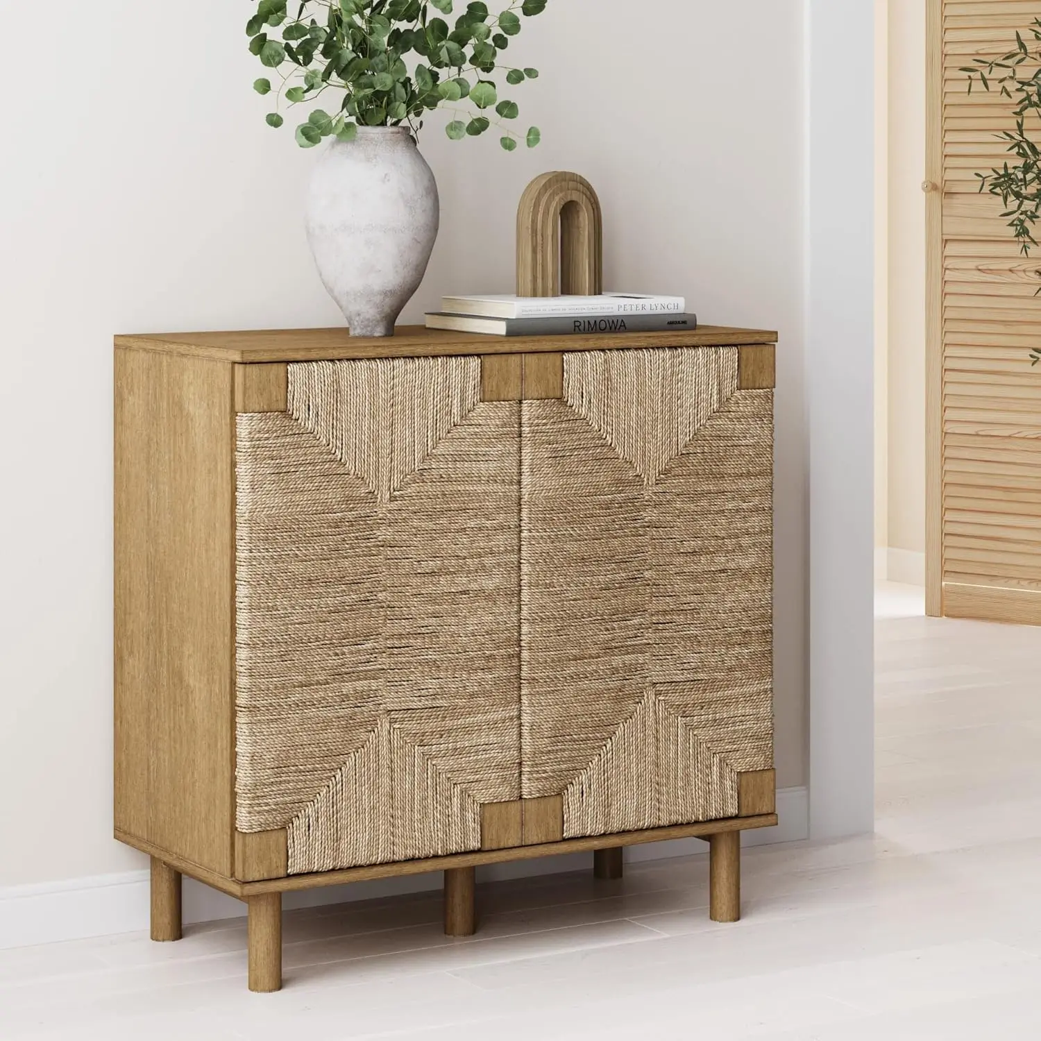 

Beacon Accent Natural Sideboard Storage Cabinet in Light Wood with Adjustable Interior Shelf and Seagrass Doors, for Hallway