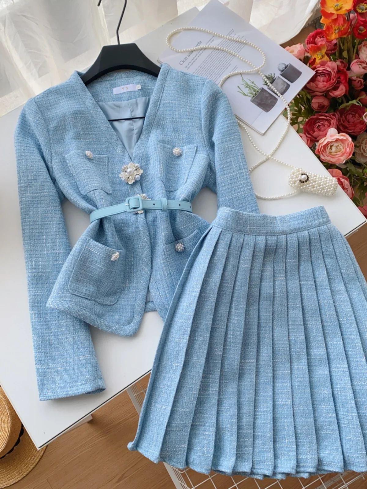 KUSAHIKI Fashion Diamond Flower V-neck Long Sleeved Jacket High Waisted Pleated Skirt for Women Two Pieces Set