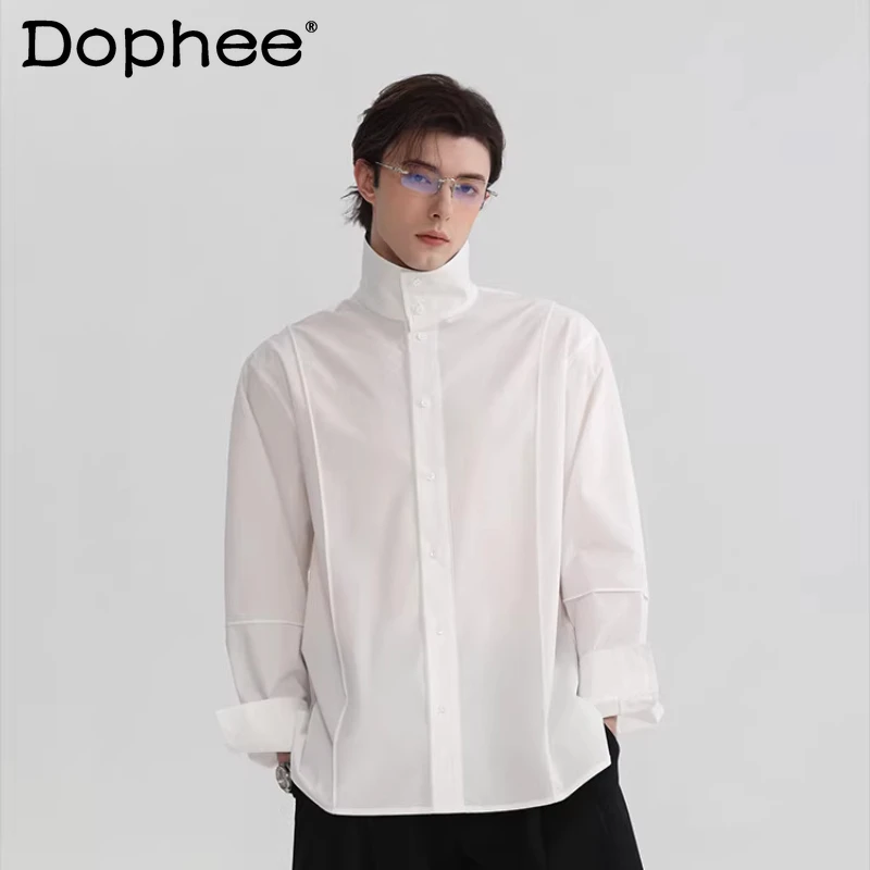 

2026 Men's Spring Stand Collar Shirts Loose Solid Color Simple Long Sleeve Shirts Breathable Solid Color Single-breasted Tops