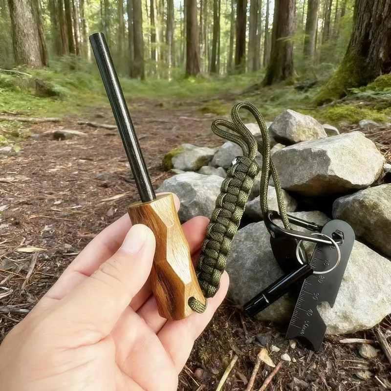 Outdoor Solid Wood Handle Fire Starting Rod Magnesium Scraper Camping Fire Starter Tool Cigarette Accessories Tool