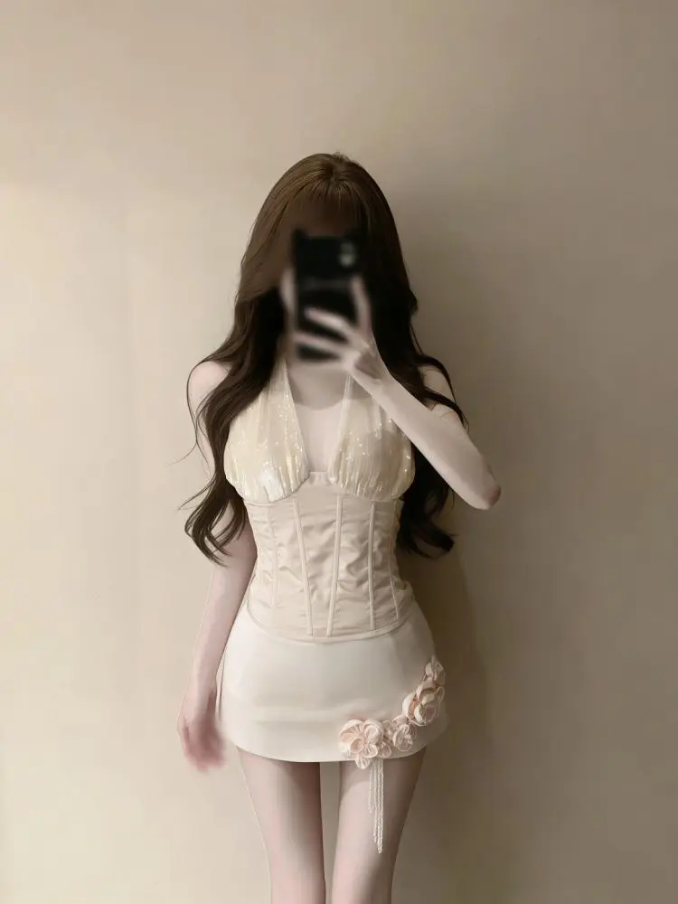 

Pure desire style sexy two-piece set women slim fit V-neck hanging neck top three-dimensional flower exquisite half skirt