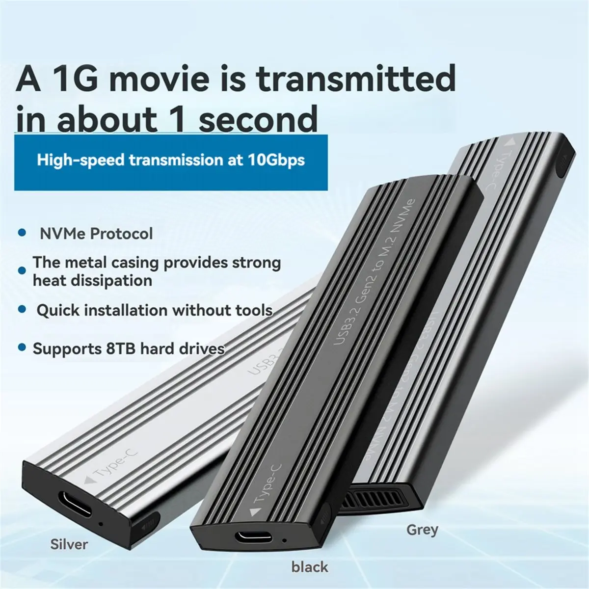 newA10R M.2 SSD Enclosure NVMe Protocol M.2 to USB3.2 Gen2 Type-C 10Gbps SSD Case M.2 Solid State Mobile Hard Disk Box Silver