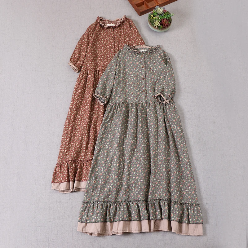 Japanese Mori Girl Vintage Floral Print Ruffled Cotton Dress Women Spring Autumn Long Sleeve Casual Loose Retro A-line Dresses