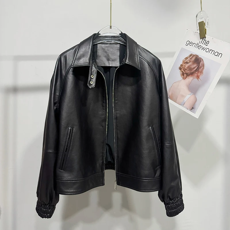 الخريف ملابس حريمي الإناث المستوردة الخضار المدبوغة طبقة علوية جلد الغنم الأسود تنوعا قصيرة معطف جلد نحيف Bomber سترة #1