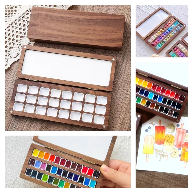 24/36 Grids Wooden Pigment Boxes Art Student Painting Doodle Coloring Outdoor Sketching Portable Tool Watercolor Paint Boxes