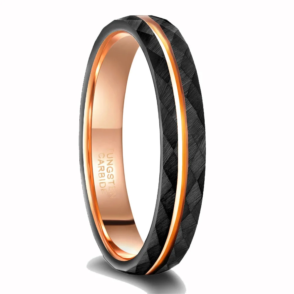 8mm 6mm Tungsten Ring Simple Rhombic Rhombus Inlaid with Rose Gold Color Line Lovers 6mm 8mm Black Tungsten Steel Ring Size 6-13