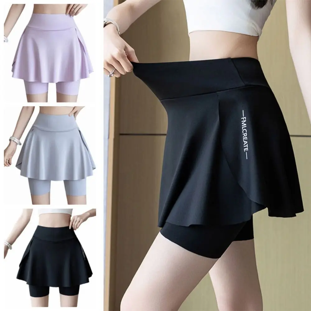 Elastic Women's Tennis Skirts High Waist Built-in Pockets Fake Two-Piece Skirts Quick-Drying Seamless Construction