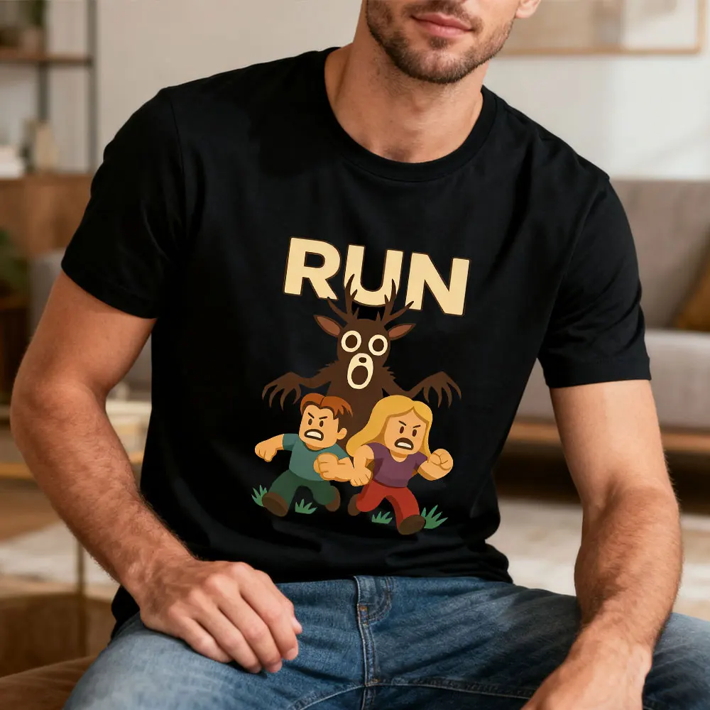 Christmas Run 99 Nights Grafik-T-Shirt aus Baumwolle, gruseliger Gamer, Hirsch im Wald, Unisex, Gaming-Meme, Geschenke für Männer und Frauen, Kleidung