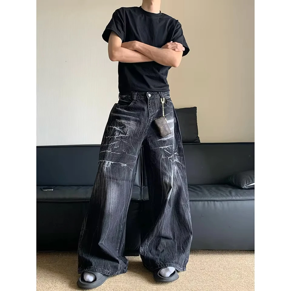 2025 American Vintage Fashion High Street Men's Black Washed Printed Loose Wide Leg Casual Trendy Jean Trousers Male Denim Pants