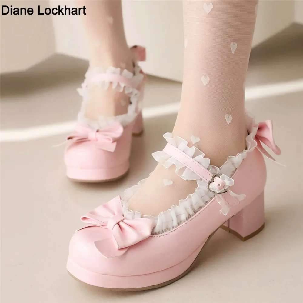 Woman Chunky Heel Lace Lolita Shoes Patent Leather Cute Bow Mary Jane Pumps Bride Wedding Cosplay Party Purple Heels Size 32 33